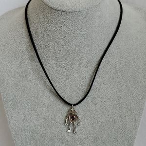 Mens silver robot charm black suede necklace